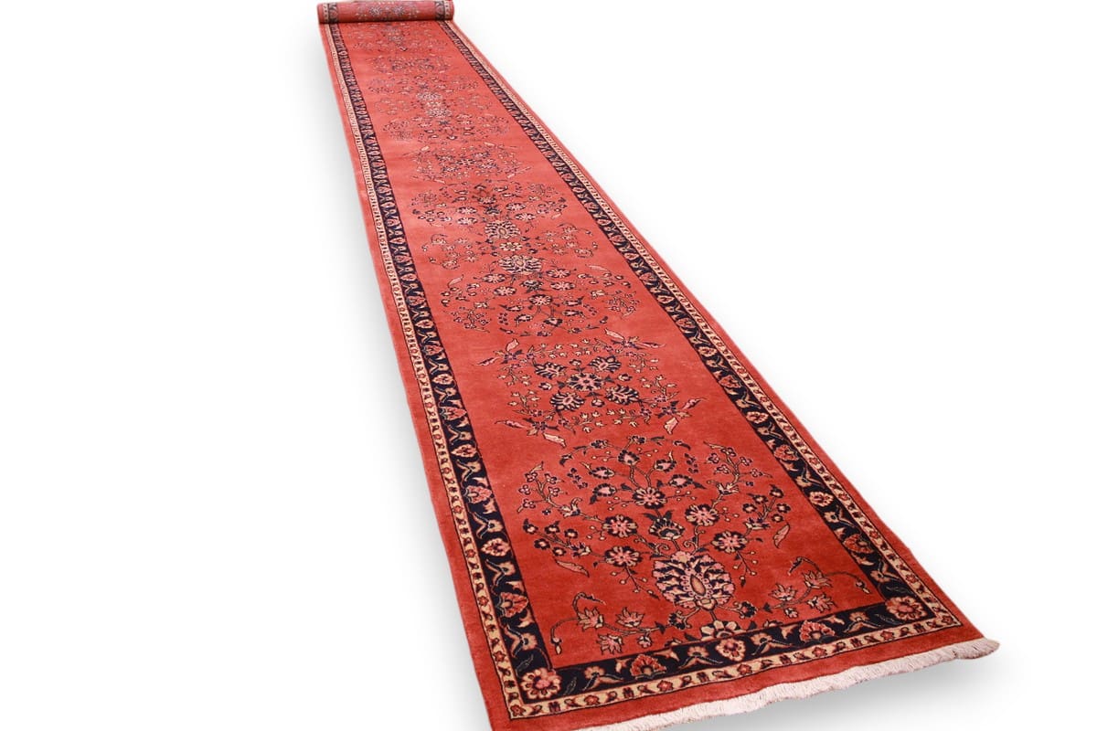 Perserteppich Sarough Rot 723x93 cm mit floralen Motiven, handgeknüpft