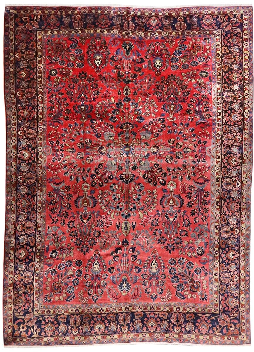 Antiker Perserteppich Sarough 366x268 cm, Farbenfrohe Motive, handgeknüpft