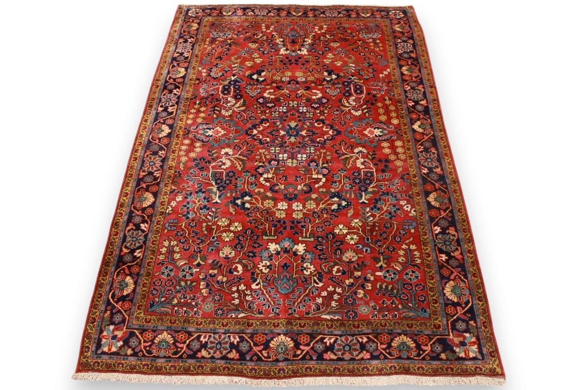 Antiker Sarough Teppich 202x133 cm mit bunten Blumenmotiven, handgeknüpft