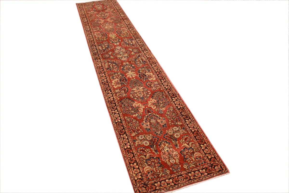 Antiker Perserteppich Sarough 416x85 cm, Blumenmuster, handgeknüpft