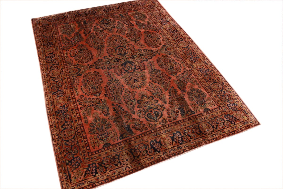Antiker Perserteppich Sarough Rot 357x266 cm, Blumenmuster, handgeknüpft