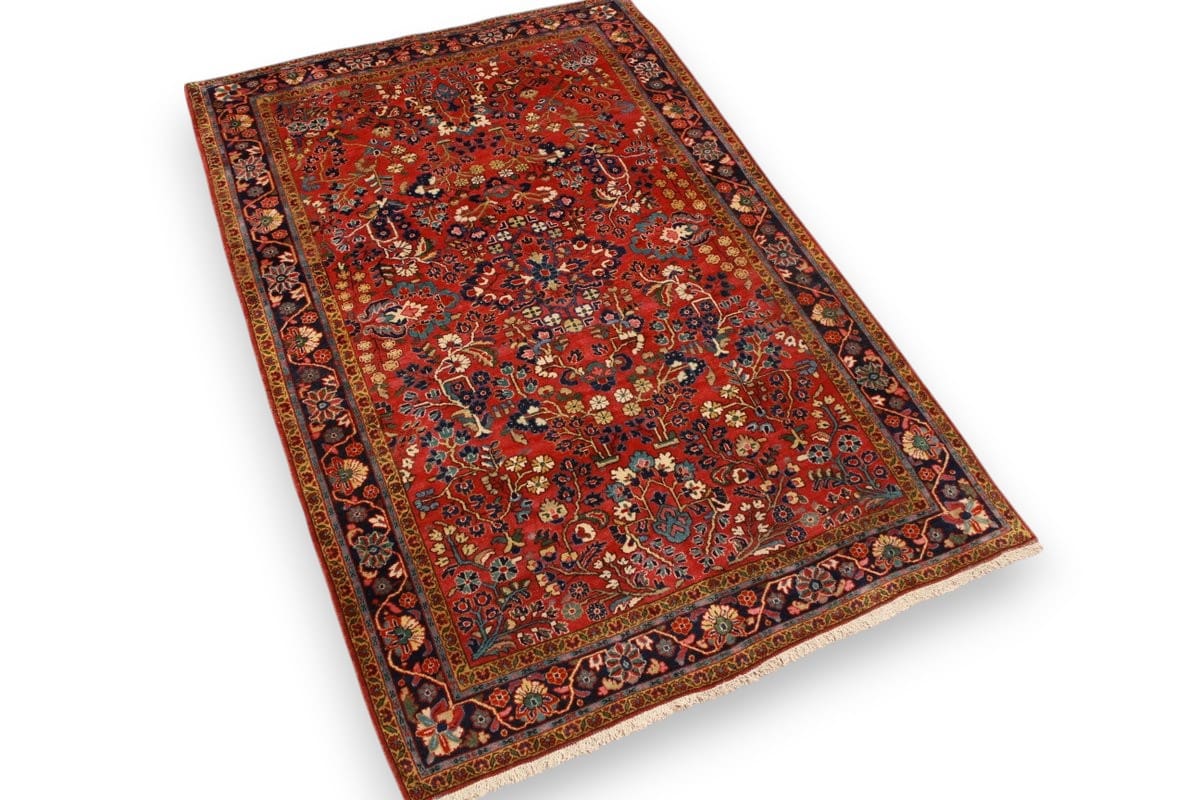 Antiker Sarough Teppich 202x133 cm mit bunten Blumenmotiven, handgeknüpft