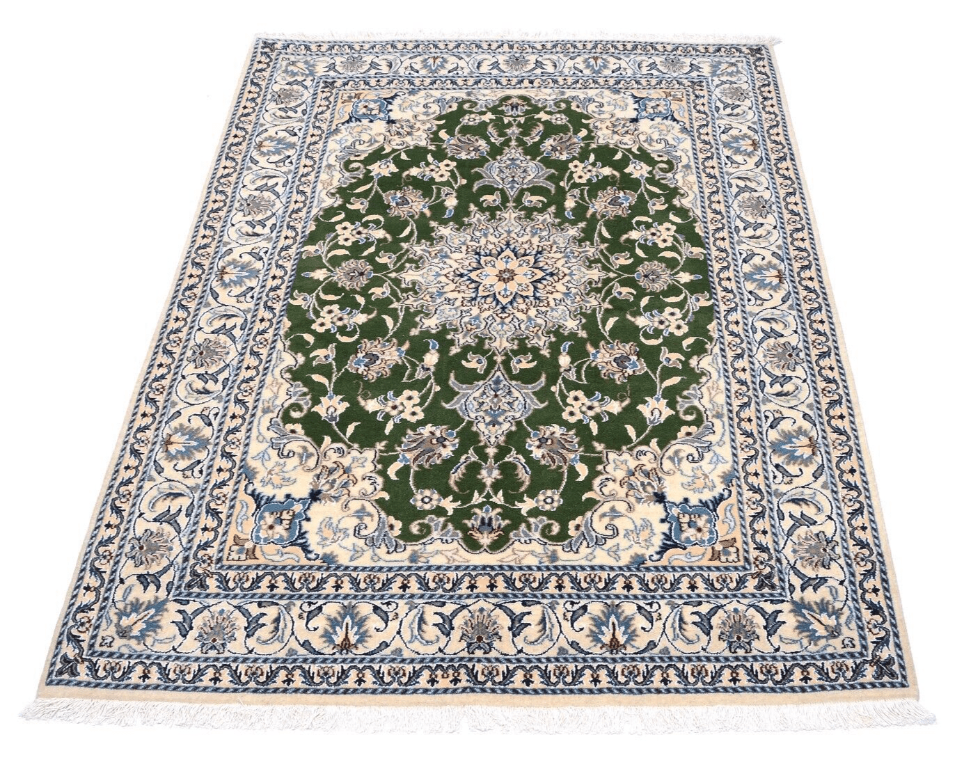 Handgeknüpfter Perserteppich Nain 202 x 150 cm, 300.000 Knoten, Grün