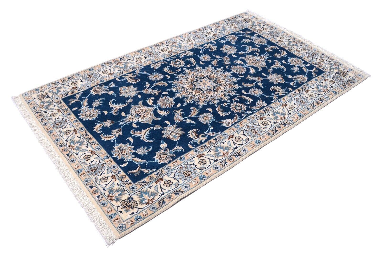 Handgeknüpfter Perserteppich Nain 199x118cm Royalblau, 300.000 Knoten