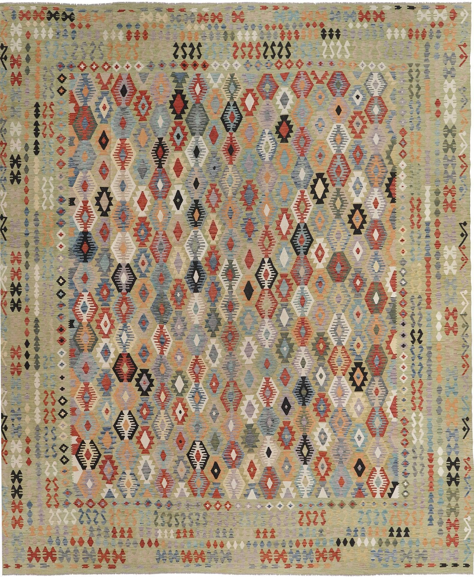 Kelim 414 x 486 cm - Handgewebt, rustikales Flair, Wolle-Baumwolle