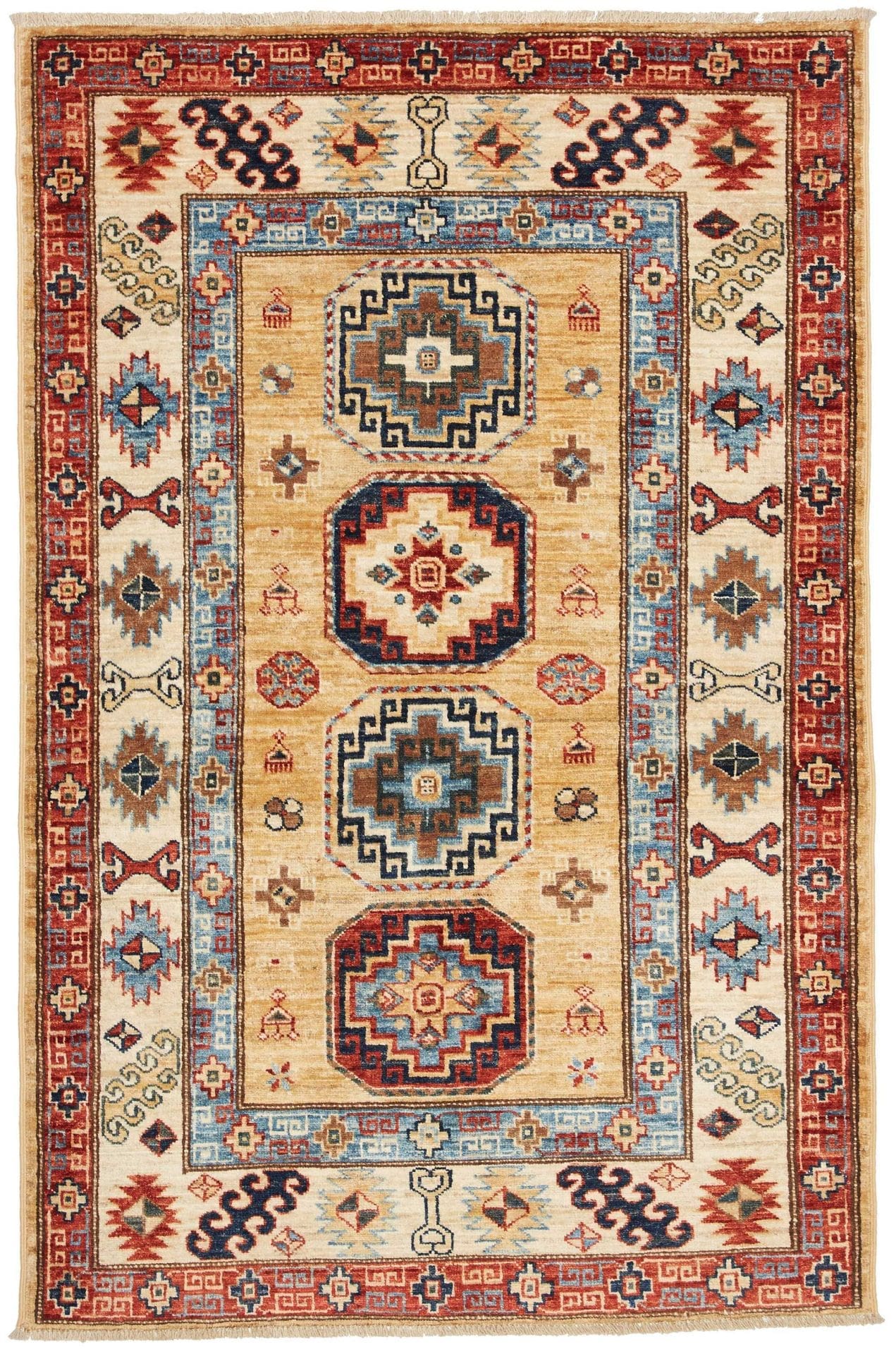 Kazak Teppich 102 x 150cm mit geometrischen Mustern, handgeknüpft