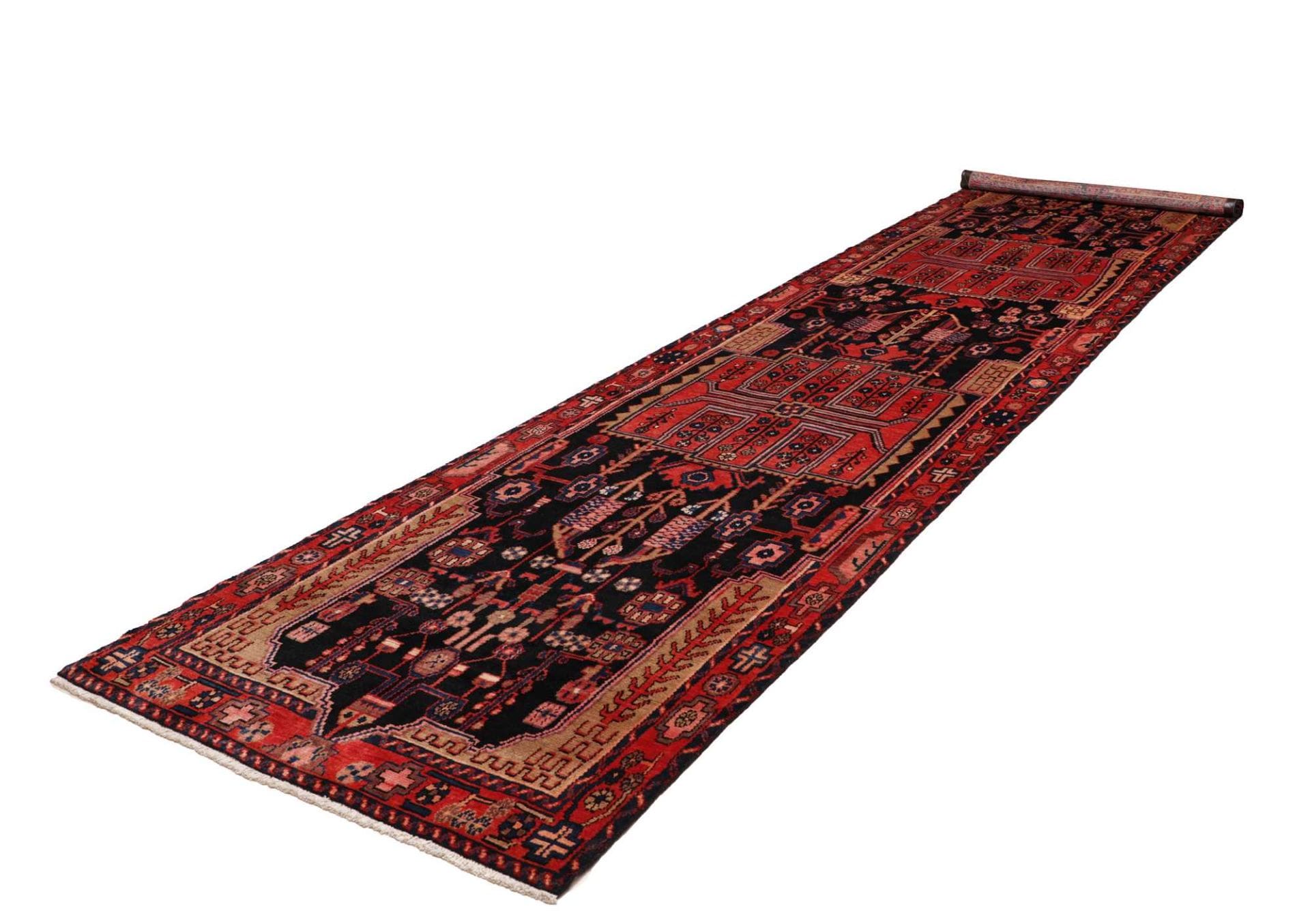 Hamadan Teppich 123 x 460cm, Schurwolle, geometrisches Muster, handgeknüpft