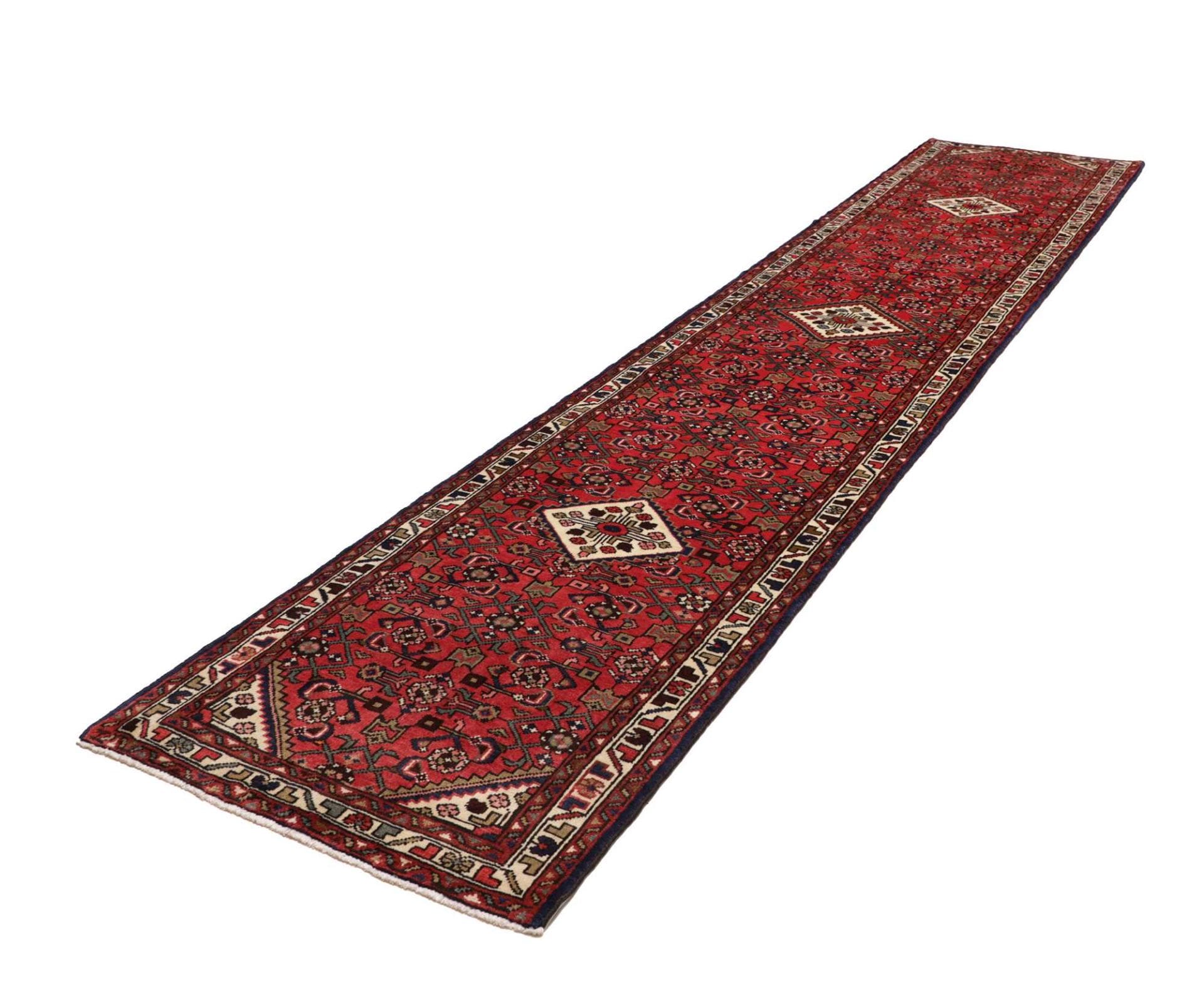 Hamadan Teppich 93 x 405 cm, Schurwolle, geometrisches Muster, handgeknüpft