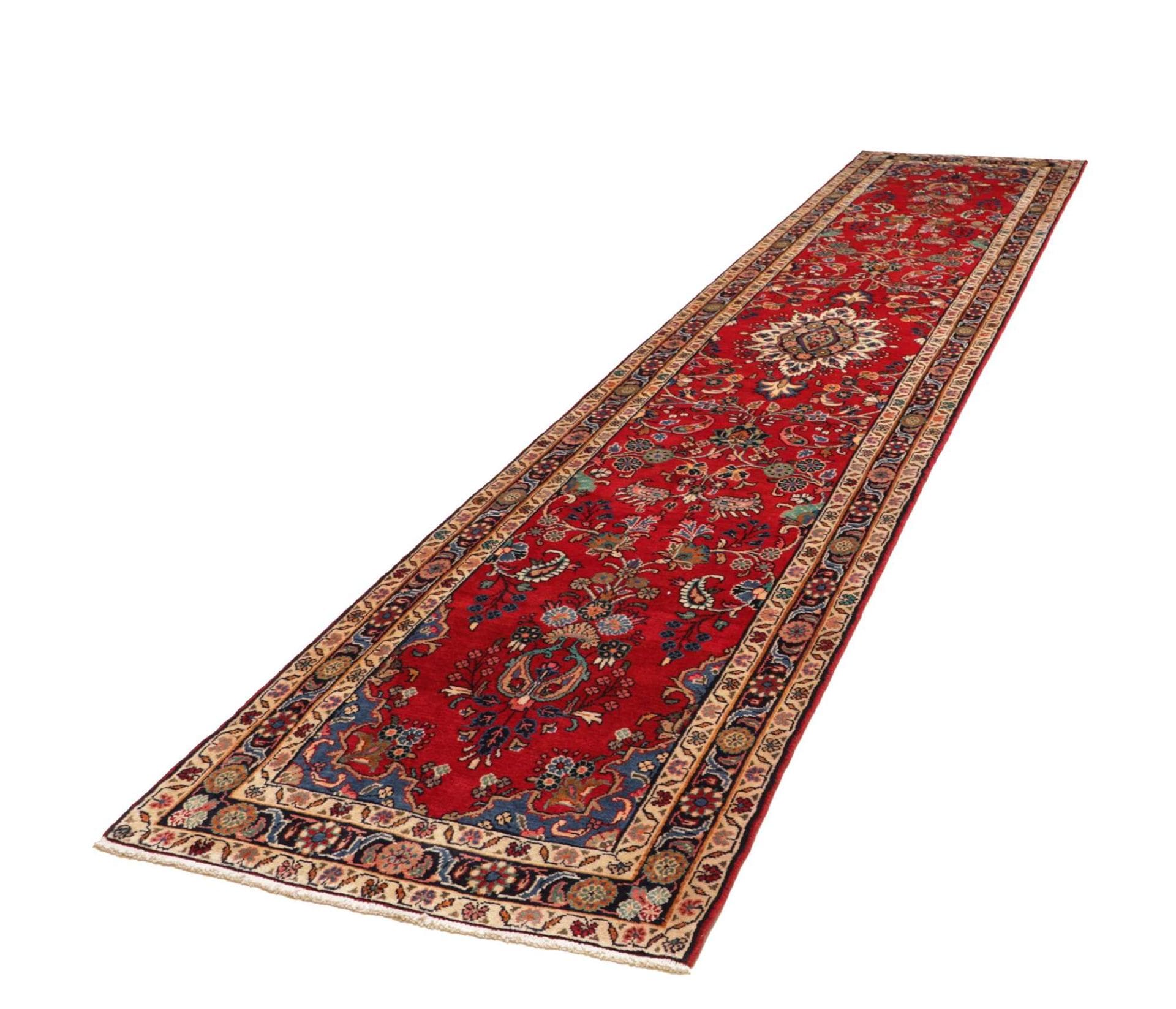 Hamadan Teppich 93 x 420cm, Schurwolle, geometrisches Muster, handgeknüpft