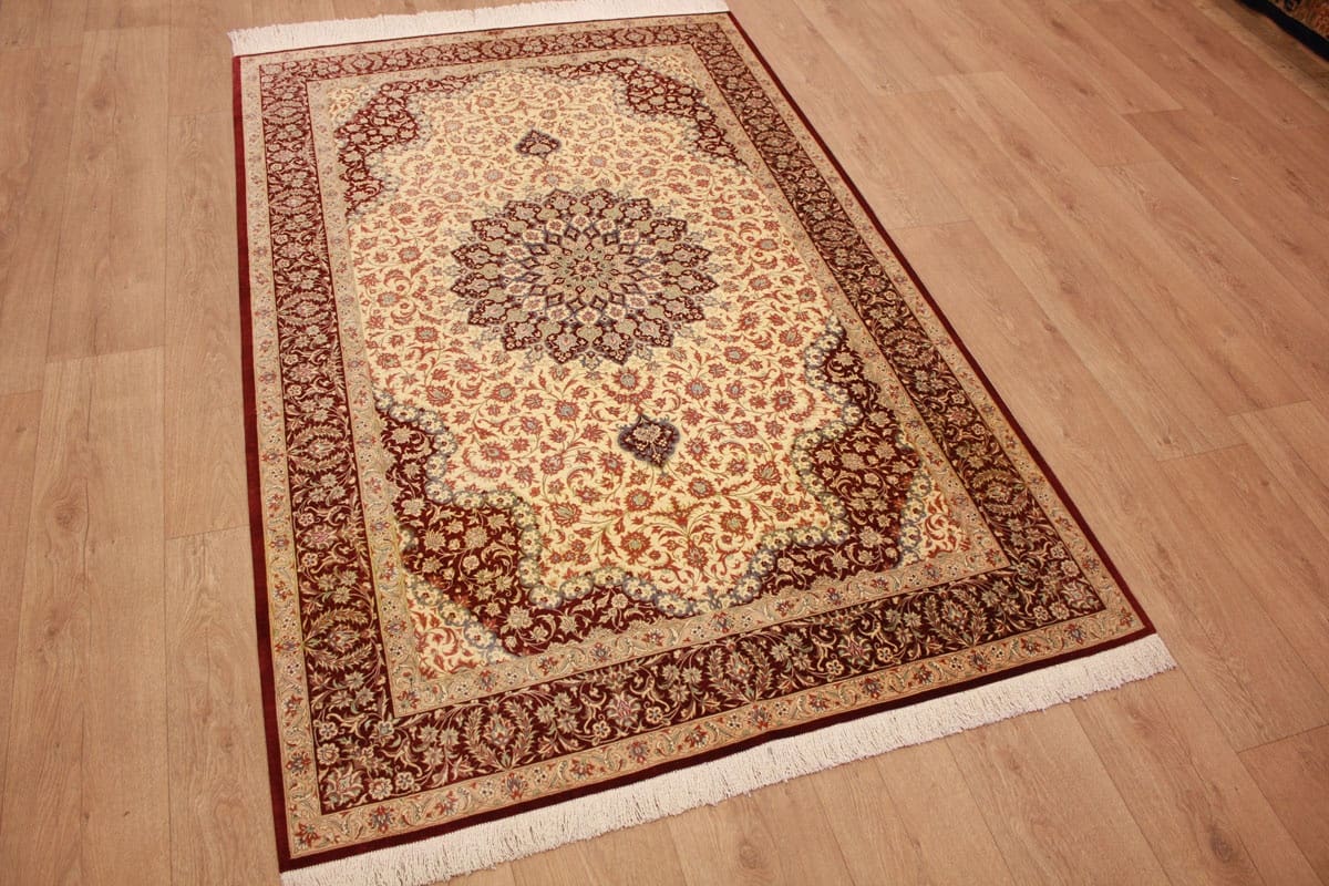 Seidenteppich Ghom 200x128 cm, Naturfarben, handgeknüpft, Orientteppich