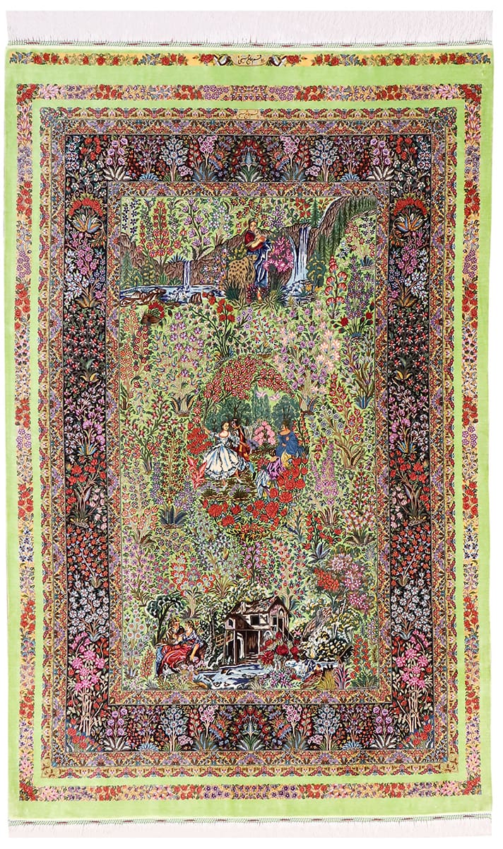 Exklusiver Seidenteppich Ghom Grün 211x136 cm, feingliedrig, handgeknüpft