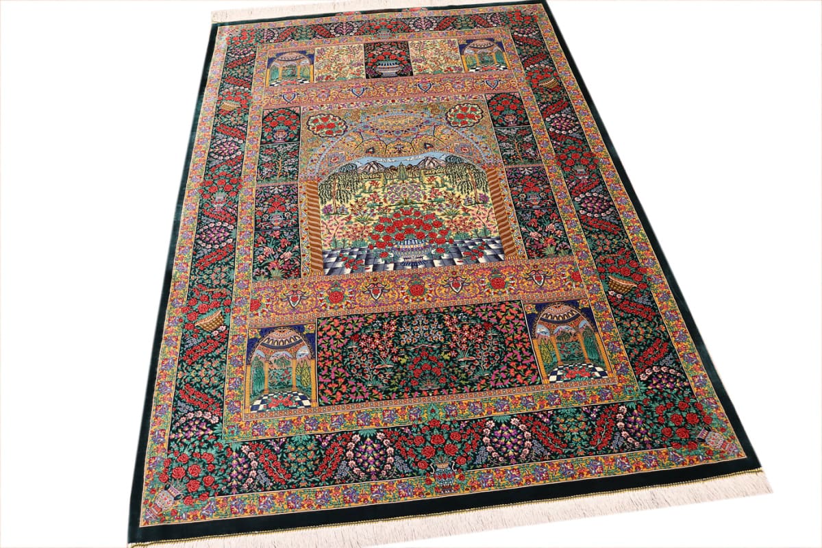 Exklusiver Seidenteppich Ghom Grün 202x134 cm – handgeknüpft