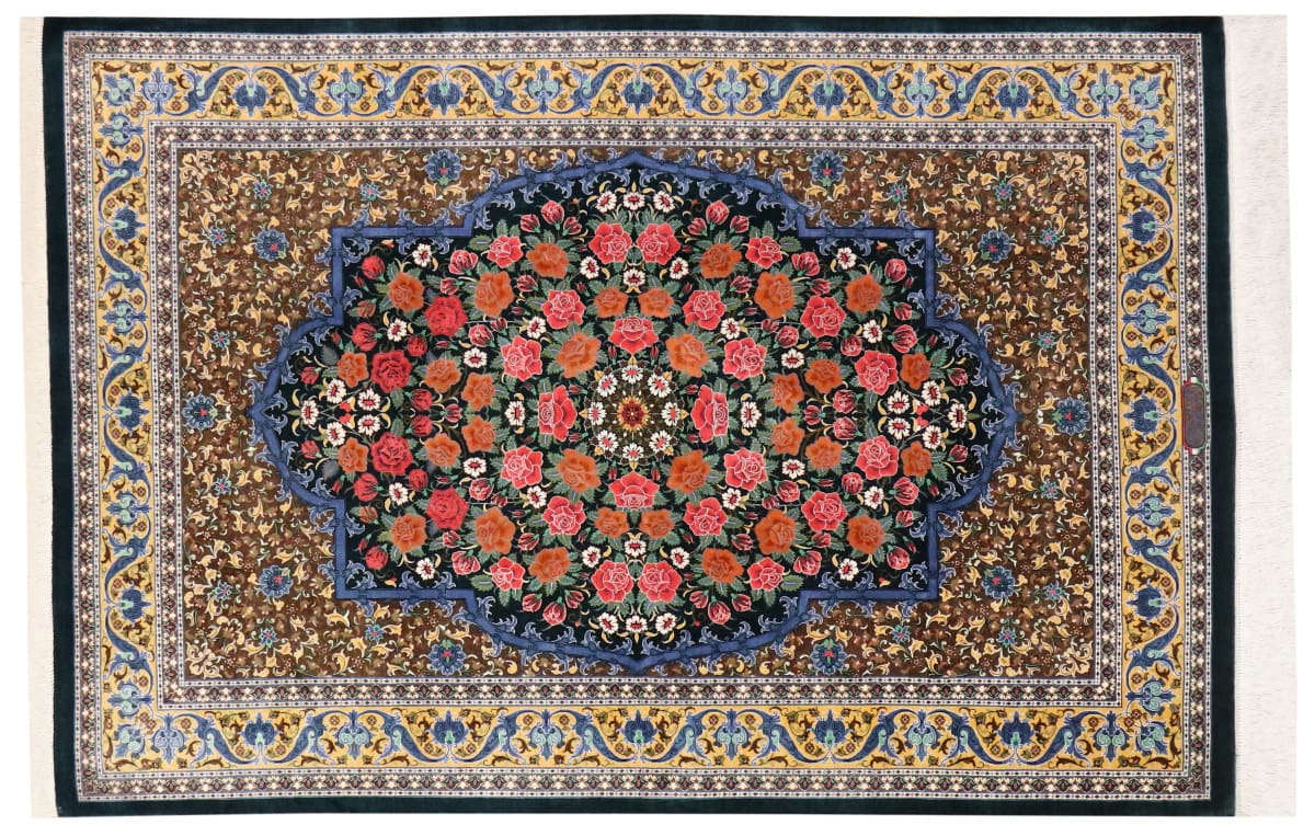Exklusiver Seidenteppich Ghom 193x131 cm Grün - handgeknüpft