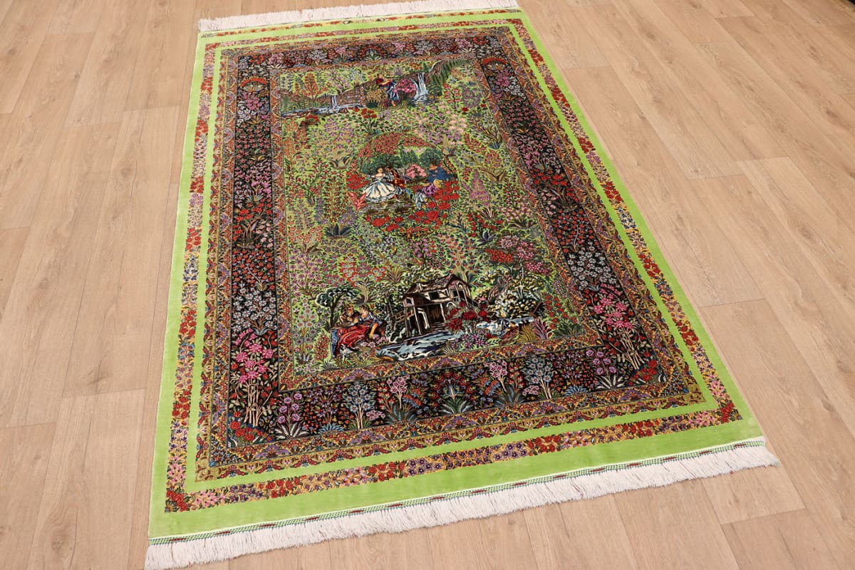 Exklusiver Seidenteppich Ghom Grün 211x136 cm, feingliedrig, handgeknüpft