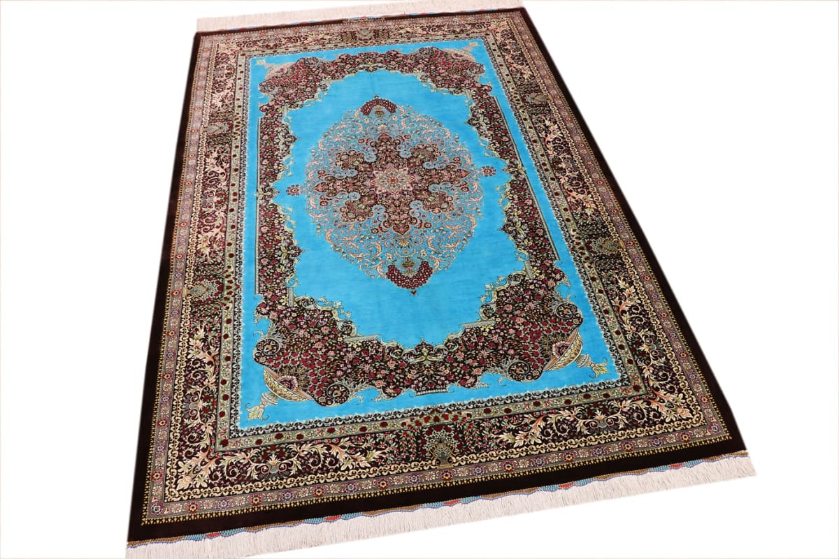 Seidenteppich Ghom 204x136 cm Blau, feine Naturfarben, handgeknüpft