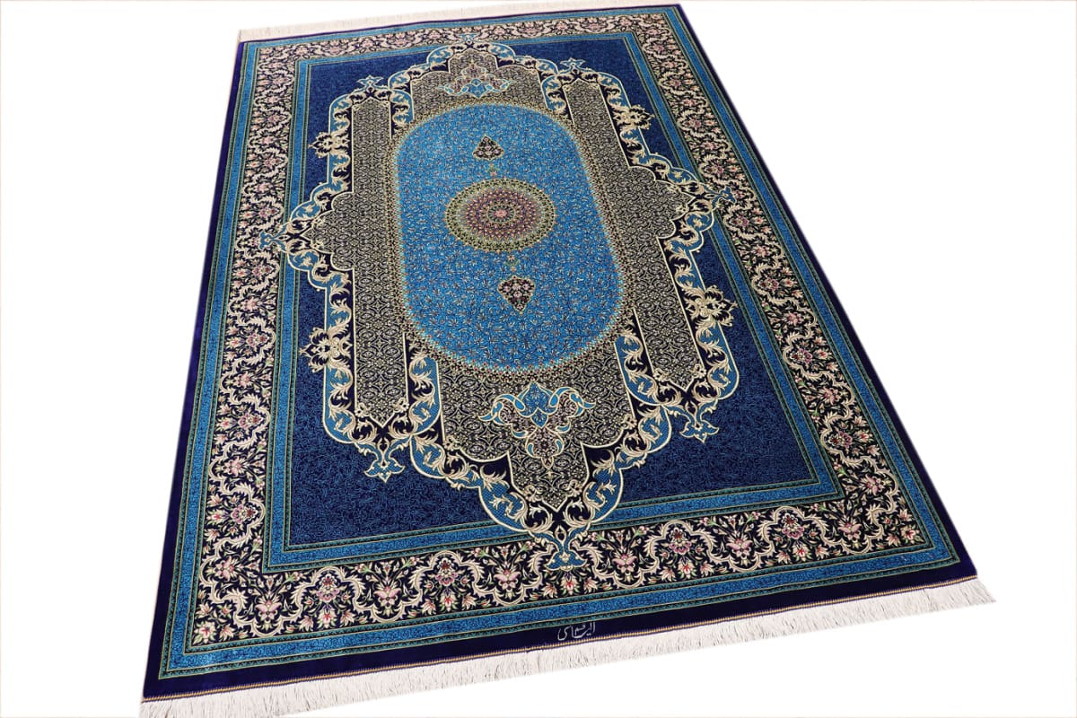 Seidenteppich Ghom 202x141 cm Blau, handgeknüpft, Naturfarben