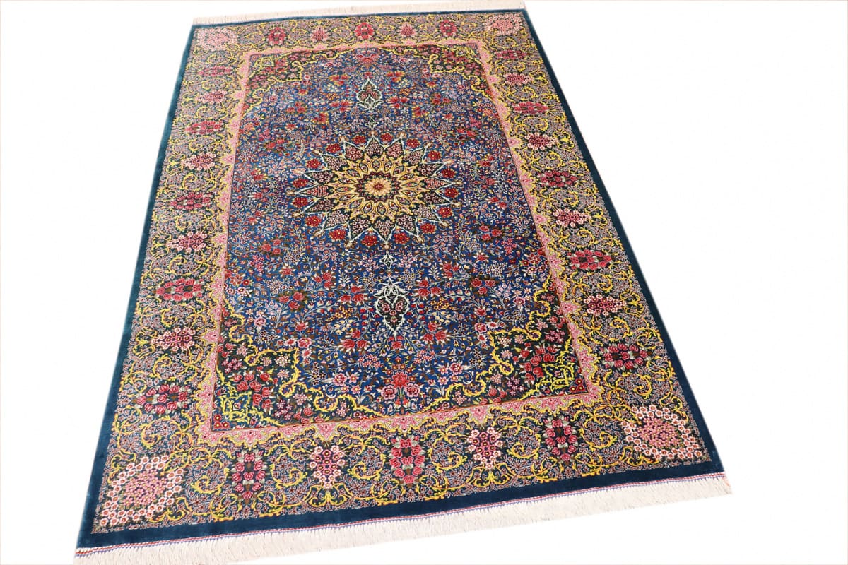 Exklusiver Seidenteppich Ghom Blau 202x136 cm, Naturfarben, handgeknüpft