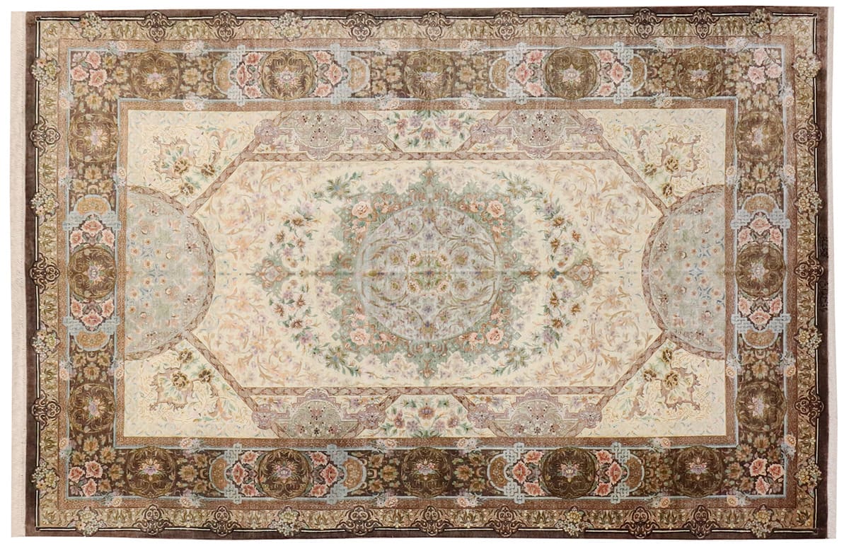 Seiden Teppich Ghom 212x136 cm, Elfenbein, handgeknüpft, Perserteppich