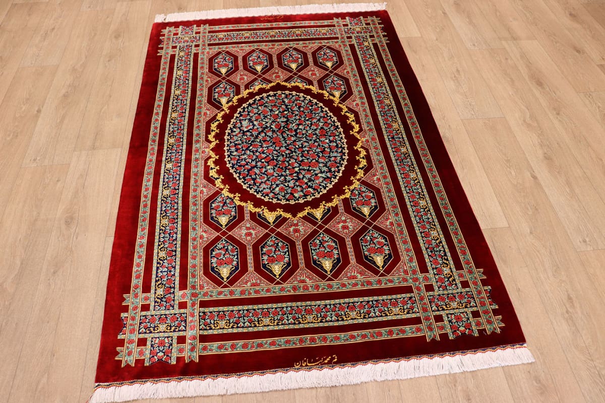 Exklusiver Seidenteppich Ghom Rot 202x131 cm, Naturfarben, handgeknüpft