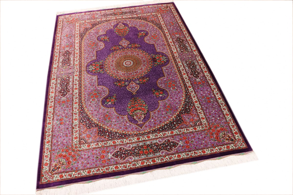 Exklusiver Seidenteppich Ghom Lila 199x131 cm – handgeknüpft