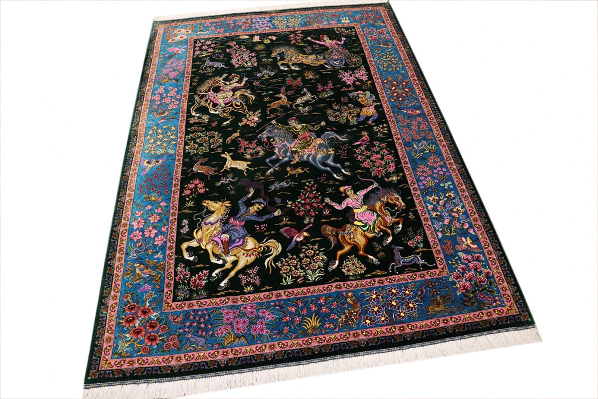 Orientteppich Seidenteppich Ghom Jagdszene 206x137 cm, handgeknüpft