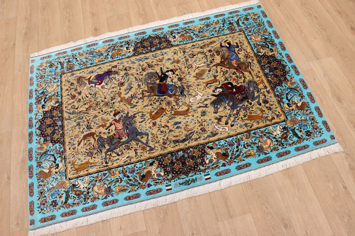 Ghom Seidenteppich Jagdszene 199x132 cm, handgeknüpft, Orientteppich