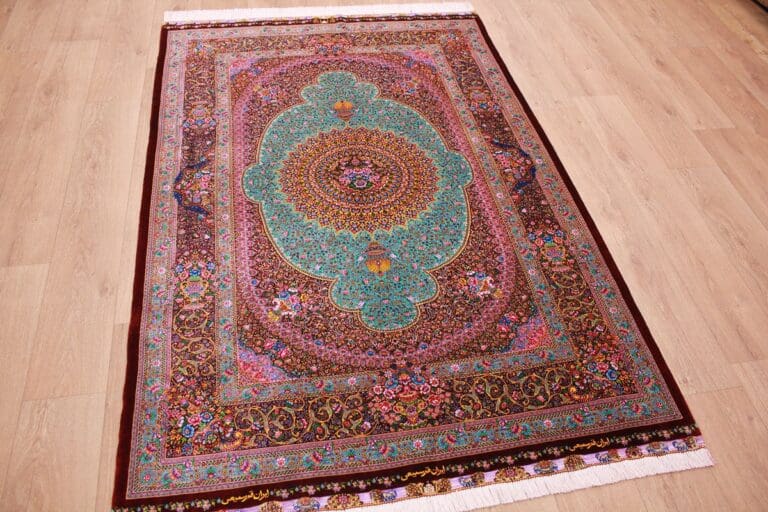 Exklusiver Perserteppich Ghom 205x139 cm Türkis, Seide, handgeknüpft