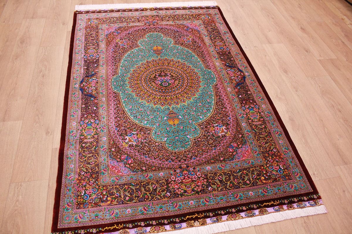 Exklusiver Perserteppich Ghom 205x139 cm Türkis, Seide, handgeknüpft