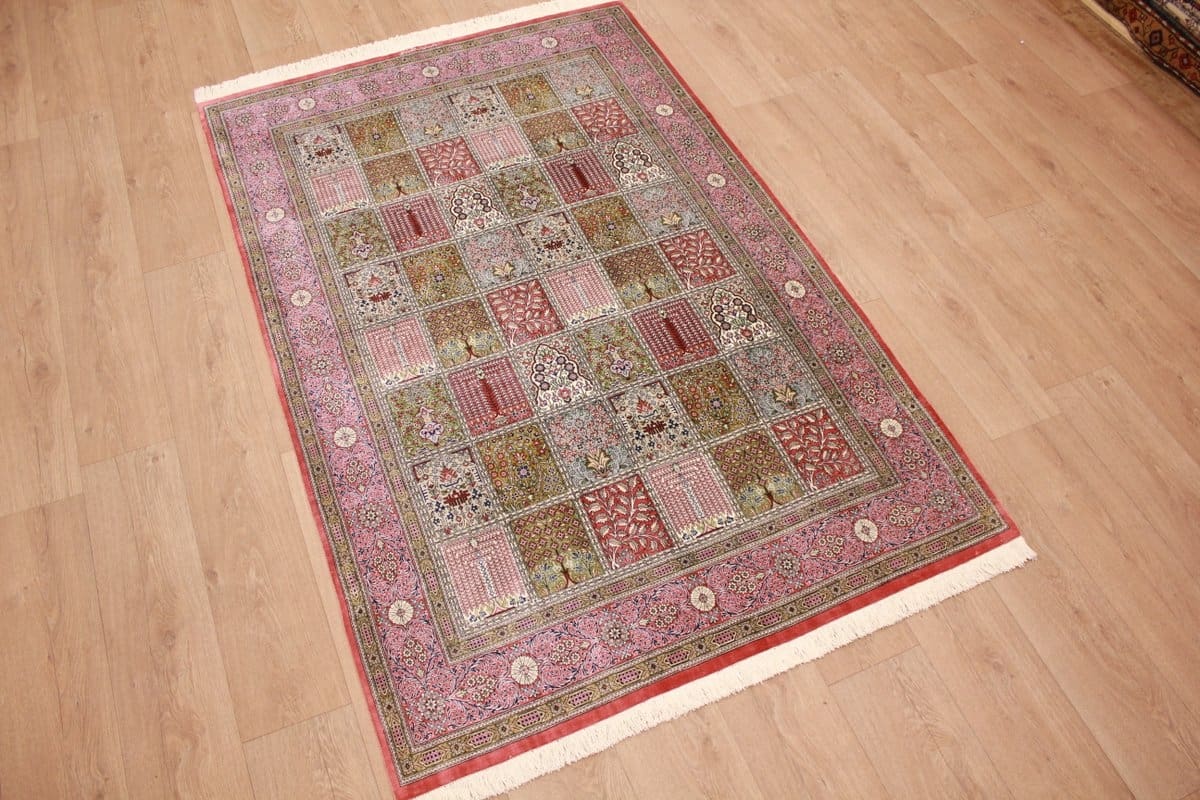 Seidenteppich Ghom 206x131 cm, Feldermotiv, handgeknüpft, Orientteppich