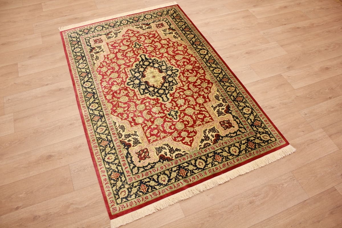 Perser Teppich "Gom" Seidenteppich 207x136 cm, Naturfarben, handgeknüpft