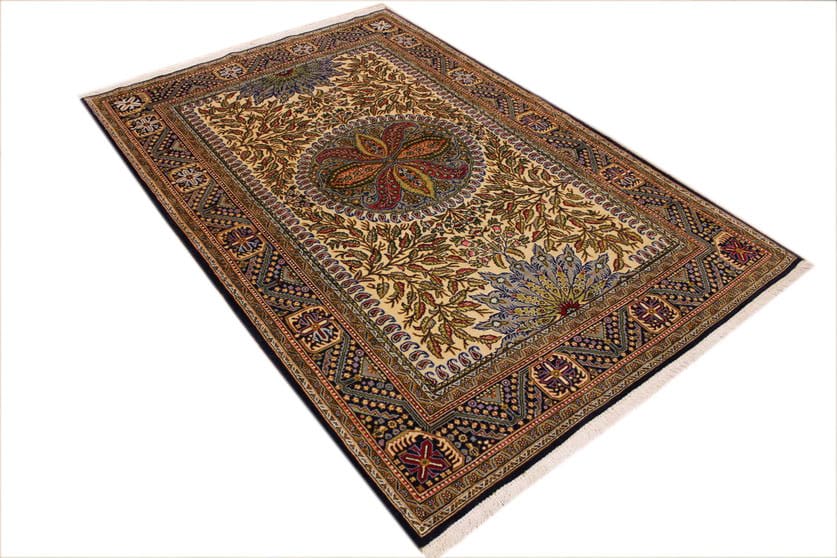 Perserteppich Ghom 207x136 cm, Seide, Naturfarben, handgeknüpft