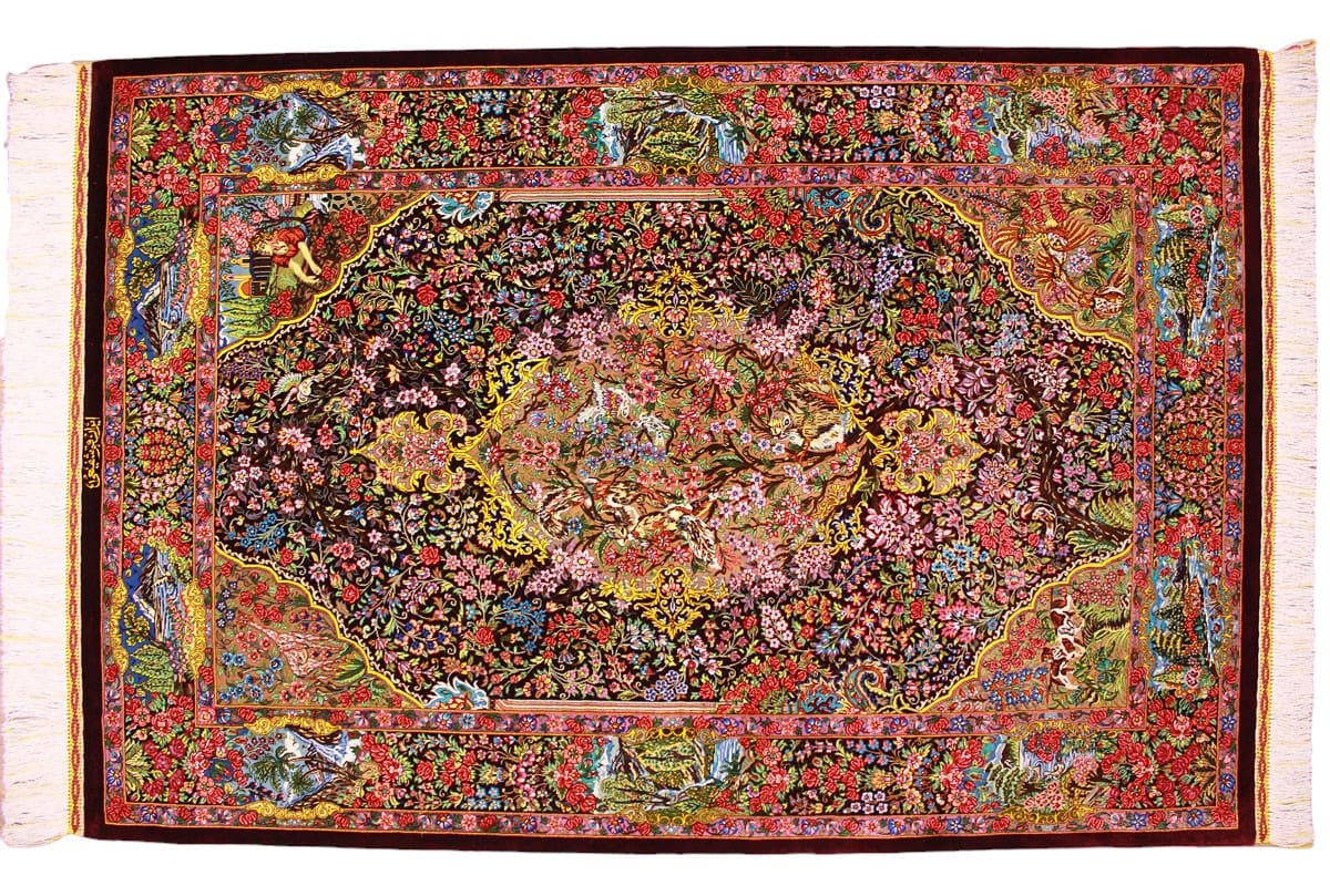 Seidenteppich Ghom 153x103 cm Rot, harmonische Naturfarben, handgeknüpft
