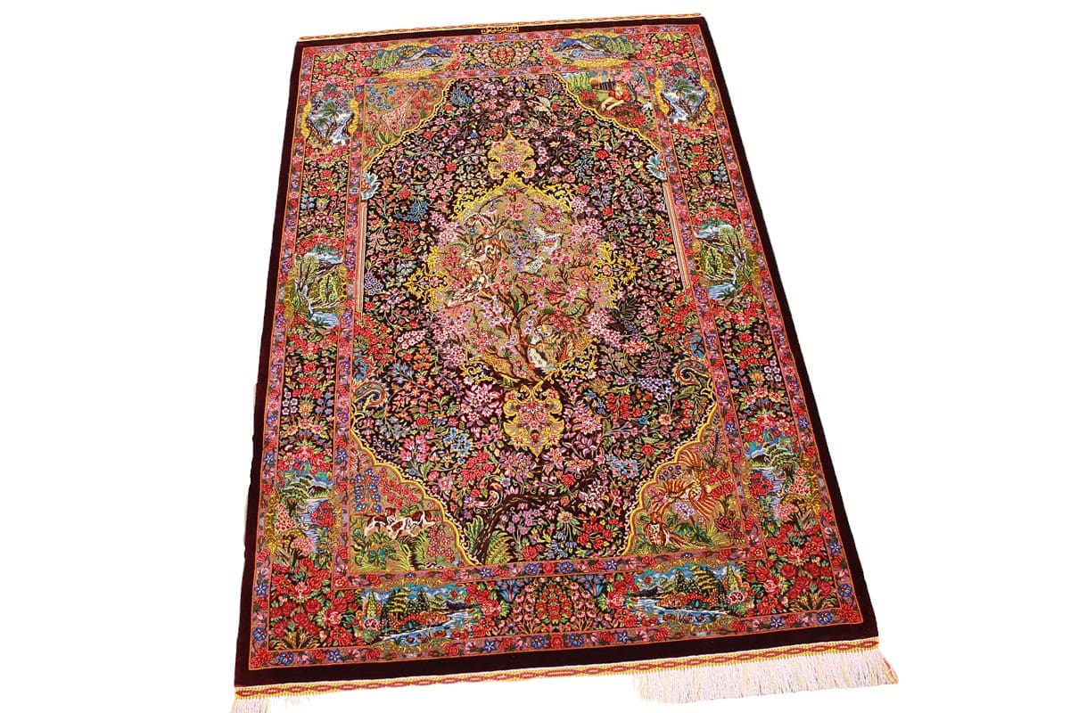 Seidenteppich Ghom 153x103 cm Rot, harmonische Naturfarben, handgeknüpft