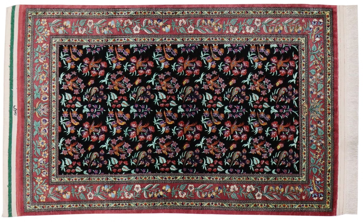 Seidenteppich Ghom 154x101 cm Blau, Naturfarben, handgeknüpft