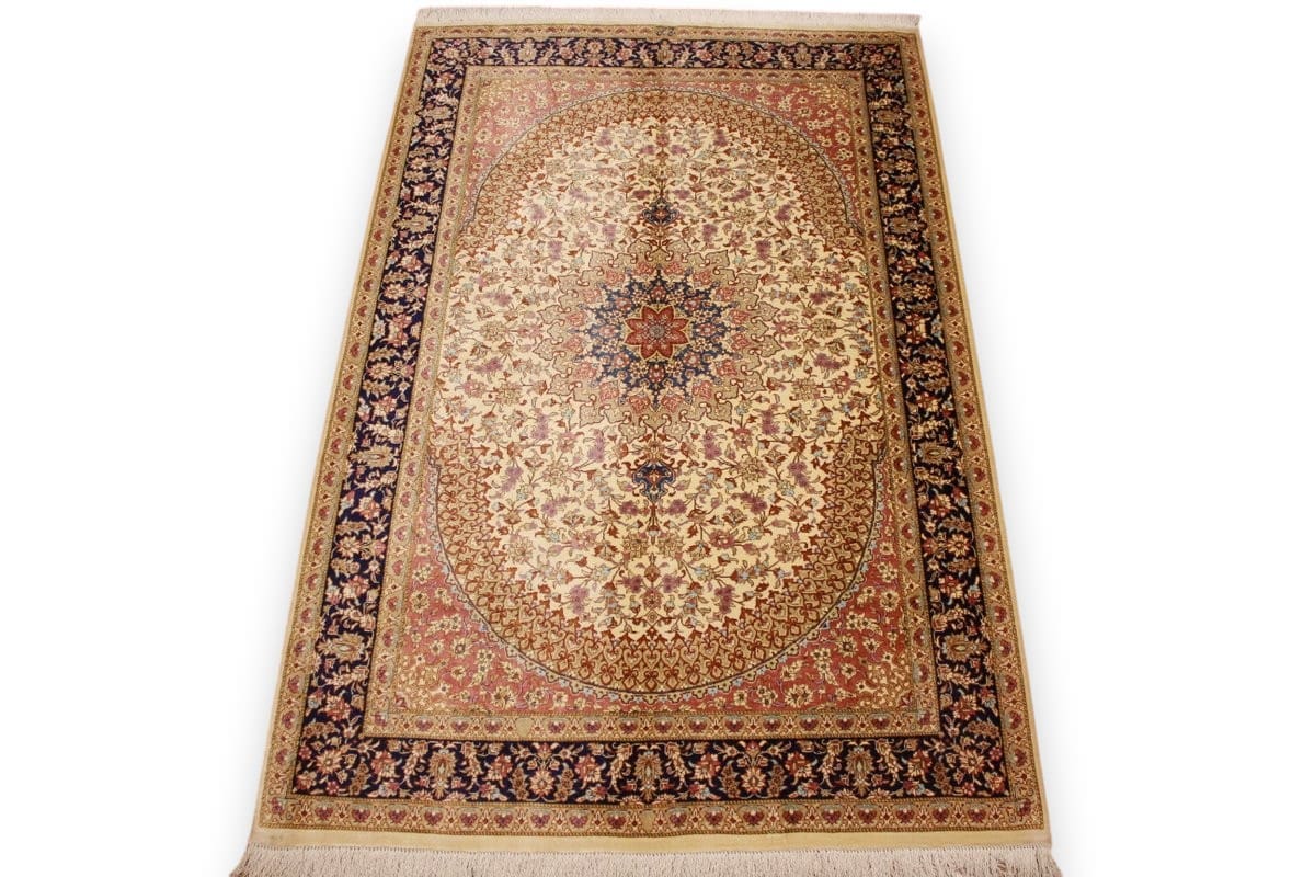 Seidenteppich Ghom 153x99 cm Beige, feine Muster, handgeknüpft