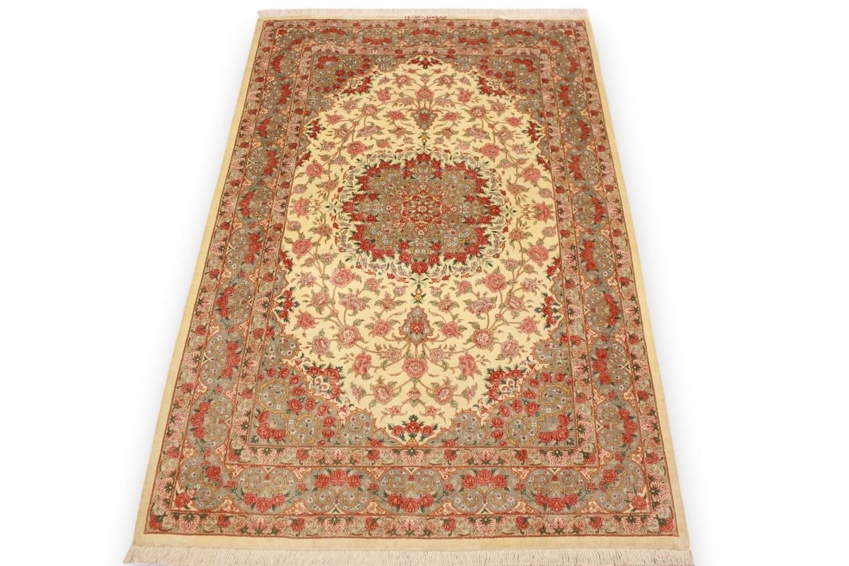 Ghom Seidenteppich 156x99 cm Beige, Naturfarben, handgeknüpft