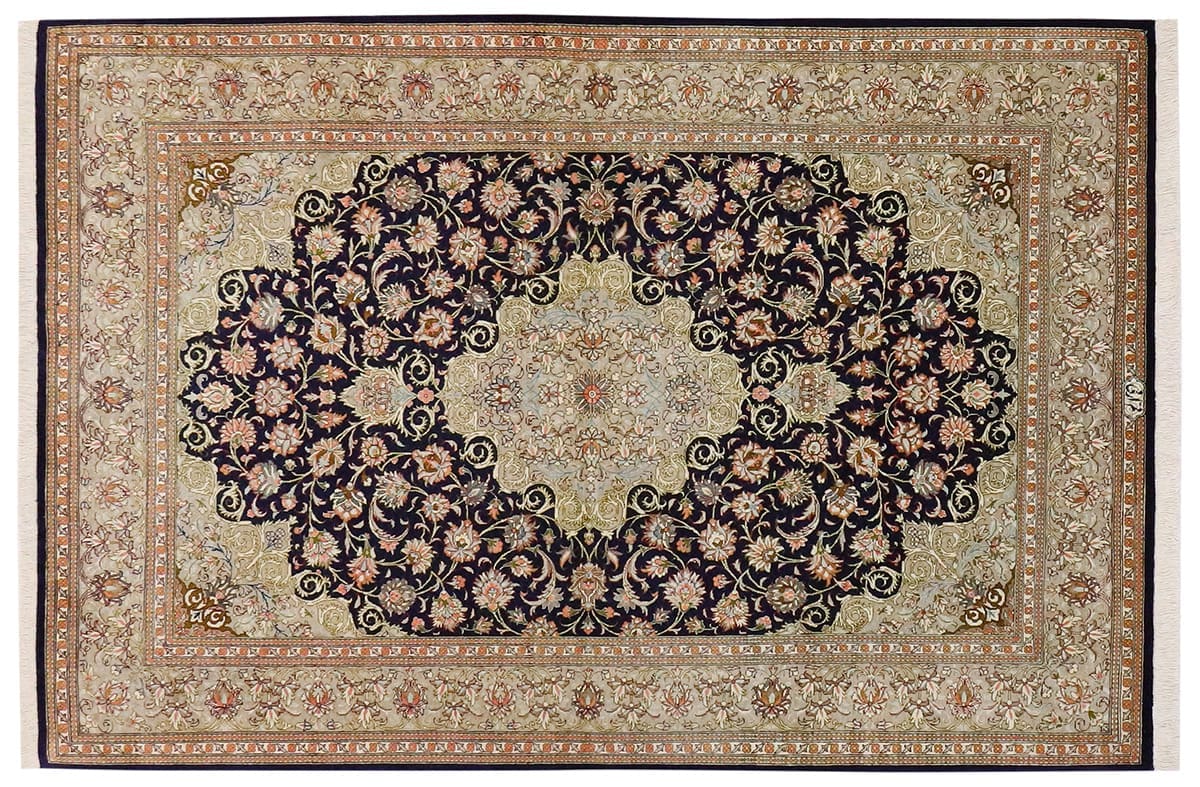 Ghom Seidenteppich Dunkelblau 151x101 cm, feine Muster, handgeknüpft