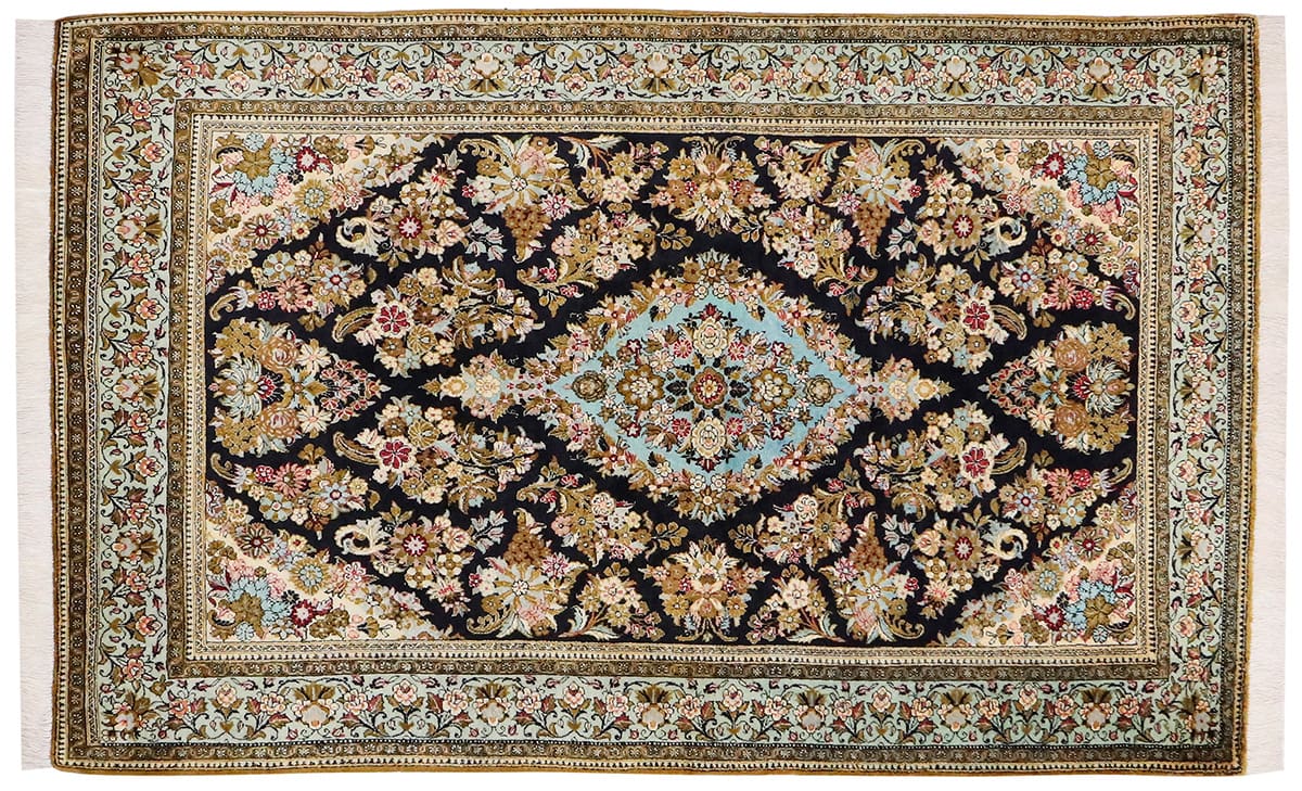 Seidenteppich Ghom 154x101 cm, naturfarbene Motive, handgeknüpft