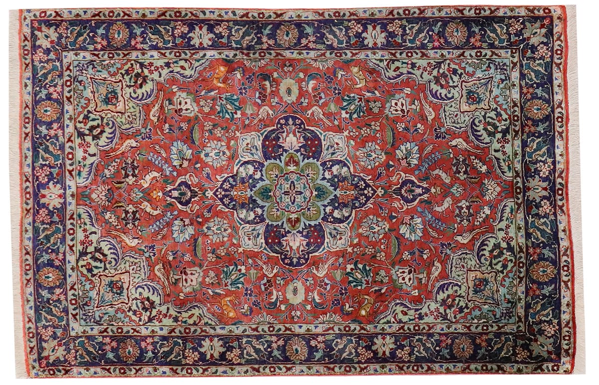 Alter Seidenteppich Ghom 144x96 cm, Naturfarben, handgeknüpft