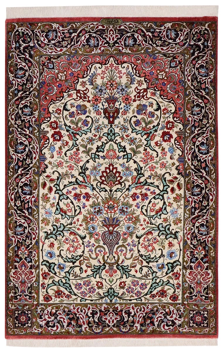 Orientteppich Ghom 158x103 cm Beige, feine Seide, handgeknüpft