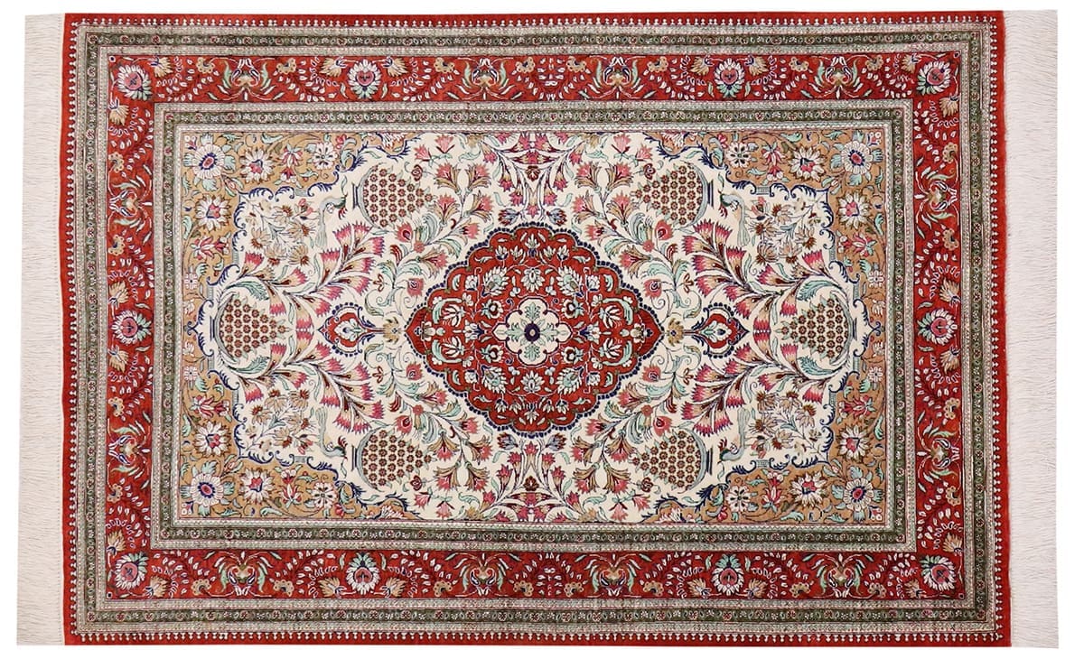 Ghom Seidenteppich 153x101 cm Beige, feingliedrig, handgeknüpft