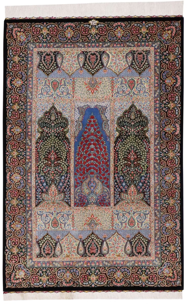 Exklusiver schwarzer Seidenteppich 155x101 cm, harmonische Naturfarben, handgeknüpft