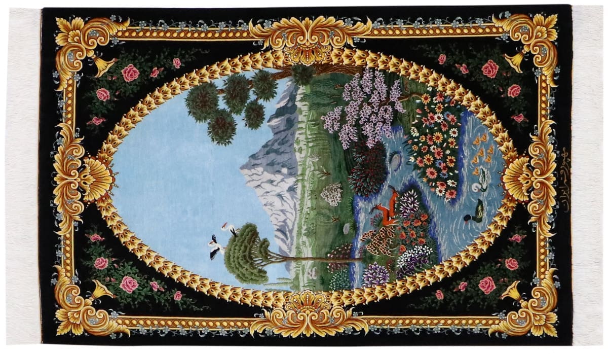 Exklusiver Ghom Seidenteppich 126x81 cm, harmonische Naturfarben, handgeknüpft