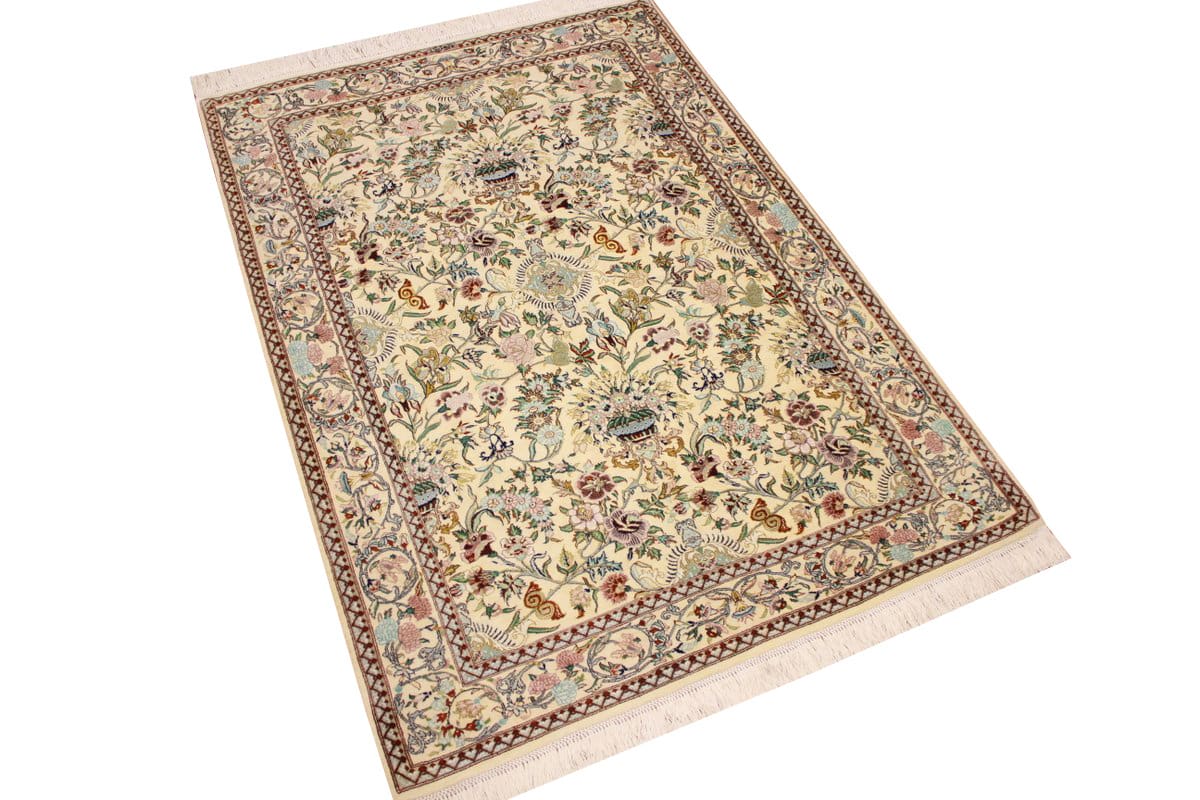 Reiner Seidenteppich Ghom Beige 147x101 cm, handgeknüpft, exklusiv