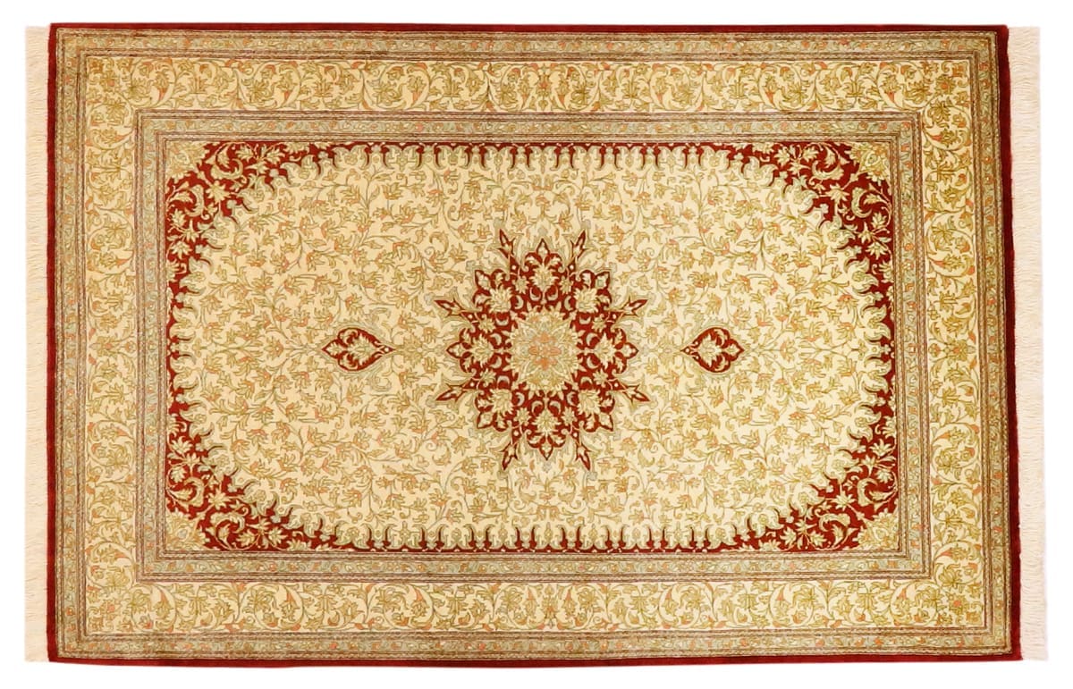 Seiden Teppich Ghom 121x79 cm Beige, harmonische Naturfarben, handgeknüpft