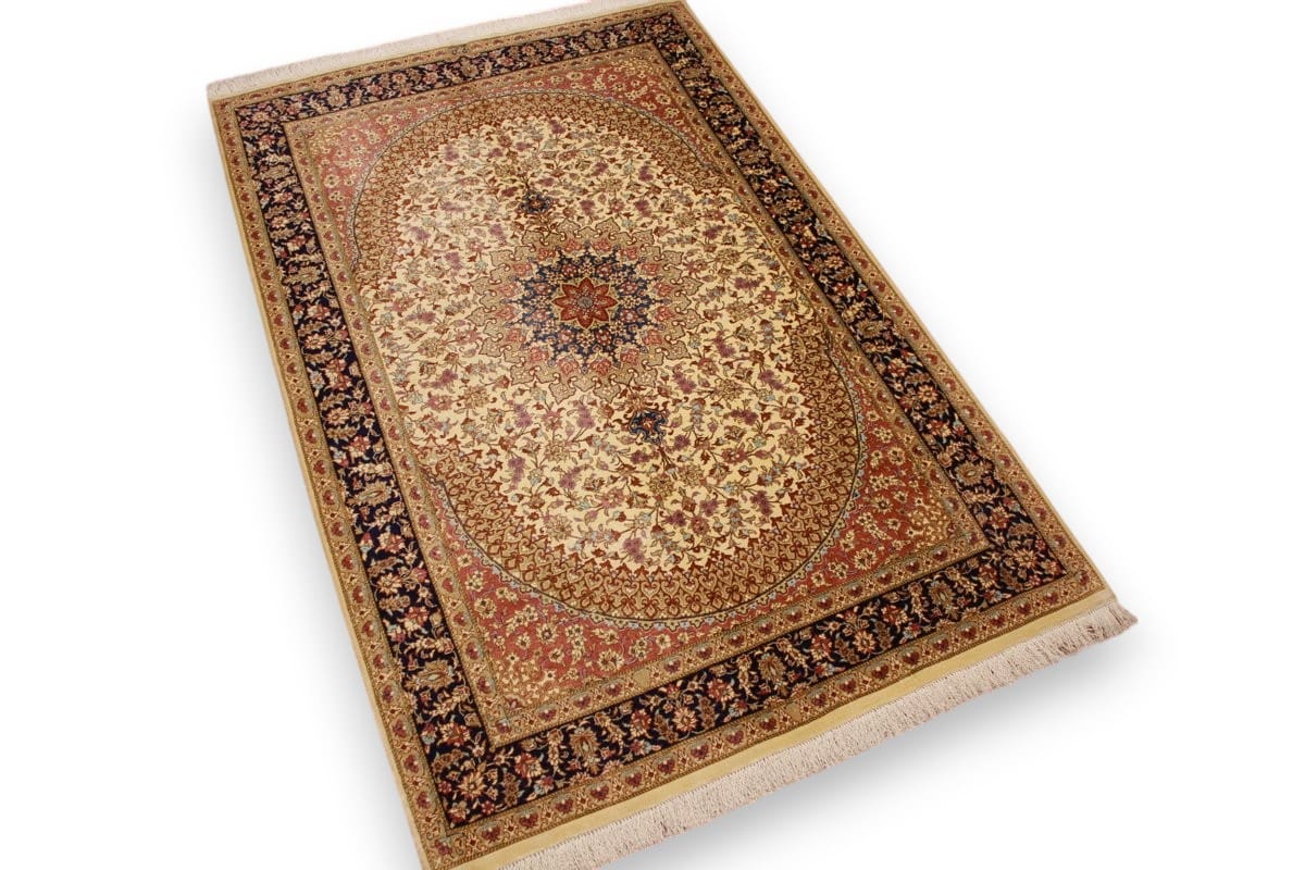 Seidenteppich Ghom 153x99 cm Beige, feine Muster, handgeknüpft