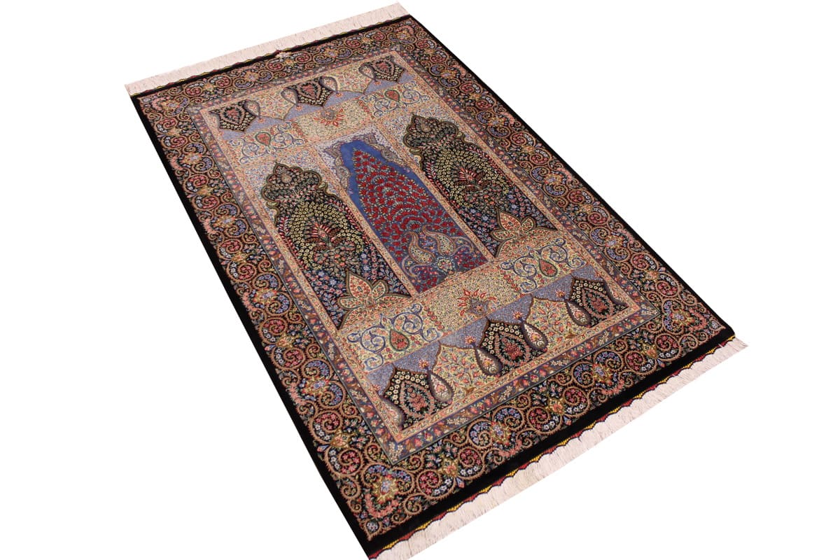 Exklusiver schwarzer Seidenteppich 155x101 cm, harmonische Naturfarben, handgeknüpft