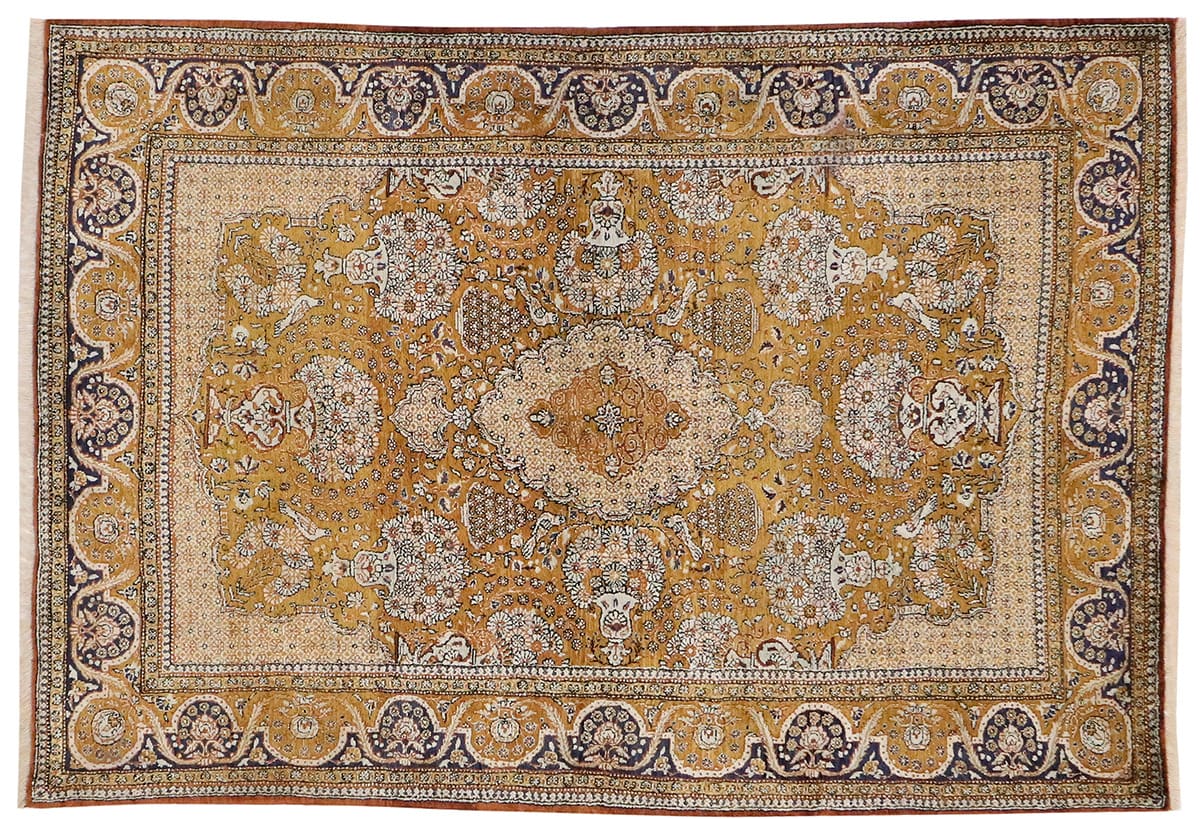 Alter Seidenteppich Ghom 157x99 cm, Naturfarben, handgeknüpft