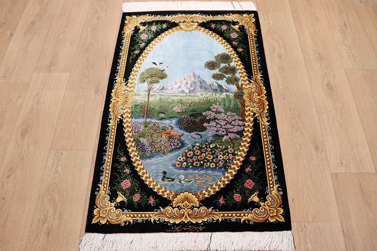 Exklusiver Ghom Seidenteppich 126x81 cm, harmonische Naturfarben, handgeknüpft