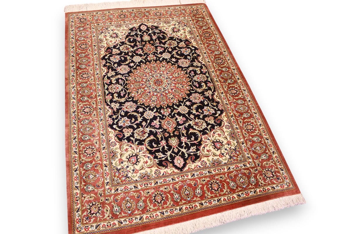 Perserteppich Ghom Seidenteppich 121x78 cm Dunkelblau, handgeknüpft